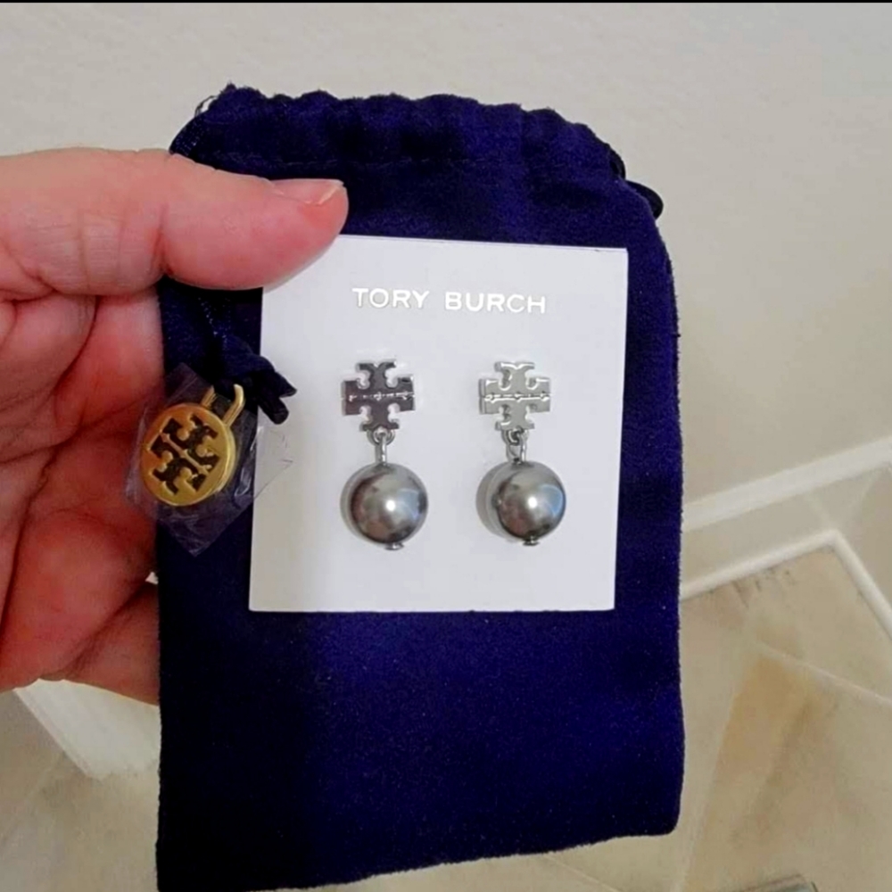New Tory Burch Silver Britten Emblem wirh dangle pearl
